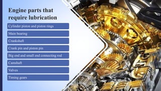 Engine parts that
require lubrication
Cylinder piston and piston rings
Main bearing
Crankshaft
Crank pin and piston pin
Bi...