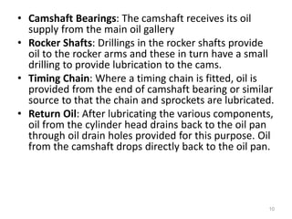 • Camshaft Bearings: The camshaft receives its oil
supply from the main oil gallery
• Rocker Shafts: Drillings in the rocker shafts provide
oil to the rocker arms and these in turn have a small
drilling to provide lubrication to the cams.
• Timing Chain: Where a timing chain is fitted, oil is
provided from the end of camshaft bearing or similar
source to that the chain and sprockets are lubricated.
• Return Oil: After lubricating the various components,
oil from the cylinder head drains back to the oil pan
through oil drain holes provided for this purpose. Oil
from the camshaft drops directly back to the oil pan.
10
 