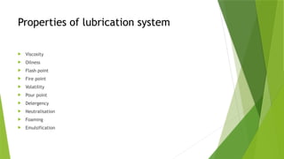 Properties of lubrication system
 Viscosity
 Oilness
 Flash point
 Fire point
 Volatility
 Pour point
 Delergency
 Neutralisation
 Foaming
 Emulsification
 
