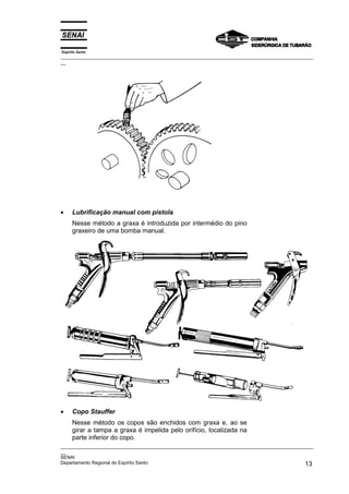 Espírito Santo
_________________________________________________________________________________________________
__




•     Lubrificação manual com pistola
      Nesse método a graxa é introduzida por intermédio do pino
      graxeiro de uma bomba manual.




•     Copo Stauffer
      Nesse método os copos são enchidos com graxa e, ao se
      girar a tampa a graxa é impelida pelo orifício, localizada na
      parte inferior do copo.
_________________________________________________________________________________________________
__
SENAI
Departamento Regional do Espírito Santo                                                       13
 