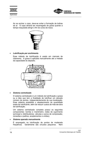 Espírito Santo
_________________________________________________________________________________________________
__



      Ao se encher o copo, deve-se evitar a formação de bolhas
      de ar. O copo deverá ser recarregado de graxa quando a
      tampa rosqueada atingir o fim do curso da rosca.




•     Lubrificação por enchimento
      Esse método de lubrificação é usado em mancais de
      rolamento. A graxa é aplicada manualmente até a metade
      da capacidade do depósito.




•     Sistema centralizado
      O sistema centralizado é um método de lubrificação a graxa
      ou a óleo que tem a finalidade de lubrificar um elevado
      número de pontos, independentemente de sua localização.
      Esse sistema possibilita o abastecimento da quantidade
      exata de lubrificante, além de reduzir custos de mão-de-obra
      de lubrificação.
      Um sistema centralizado completo possui os seguintes
      componentes: bomba e manômetro; redes de suprimento
      (principal e distribuidores; válvulas e porca de compressão;
      conexões e joelhos; acoplamentos e uniões).
•     Sistema operado manualmente
      É empregado na lubrificação de pontos de moderada
      freqüência. Geralmente são circuitos pequenos. Nem
_________________________________________________________________________________________________
__
                                                                                               CST
14                                                                 Companhia Siderúrgica de Tubarão
 