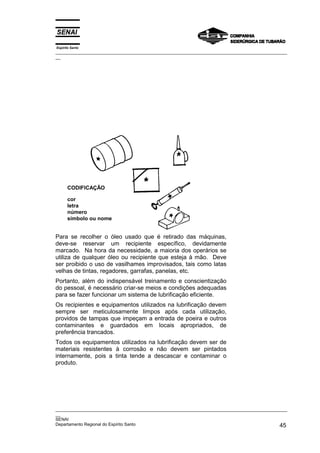 Espírito Santo
_________________________________________________________________________________________________
__




      CODIFICAÇÃO

      cor
      letra
      número
      símbolo ou nome


Para se recolher o óleo usado que é retirado das máquinas,
deve-se reservar um recipiente específico, devidamente
marcado. Na hora da necessidade, a maioria dos operários se
utiliza de qualquer óleo ou recipiente que esteja à mão. Deve
ser proibido o uso de vasilhames improvisados, tais como latas
velhas de tintas, regadores, garrafas, panelas, etc.
Portanto, além do indispensável treinamento e conscientização
do pessoal, é necessário criar-se meios e condições adequadas
para se fazer funcionar um sistema de lubrificação eficiente.
Os recipientes e equipamentos utilizados na lubrificação devem
sempre ser meticulosamente limpos após cada utilização,
providos de tampas que impeçam a entrada de poeira e outros
contaminantes e guardados em locais apropriados, de
preferência trancados.
Todos os equipamentos utilizados na lubrificação devem ser de
materiais resistentes à corrosão e não devem ser pintados
internamente, pois a tinta tende a descascar e contaminar o
produto.




_________________________________________________________________________________________________
__
SENAI
Departamento Regional do Espírito Santo                                                       45
 