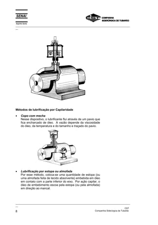 Espírito Santo
_________________________________________________________________________________________________
__




Métodos de lubrificação por Capilaridade

•     Copo com mecha
      Nesse dispositivo, o lubrificante flui através de um pavio que
      fica encharcado de óleo. A vazão depende da viscosidade
      do óleo, da temperatura e do tamanho e traçado do pavio.




•     Lubrificação por estopa ou almofada
      Por esse método, coloca-se uma quantidade de estopa (ou
      uma almofada feita de tecido absorvente) embebida em óleo
      em contato com a parte inferior do eixo. Por ação capilar, o
      óleo de embebimento escoa pela estopa (ou pela almofada)
      em direção ao mancal.




_________________________________________________________________________________________________
__
                                                                                               CST
8                                                                  Companhia Siderúrgica de Tubarão
 