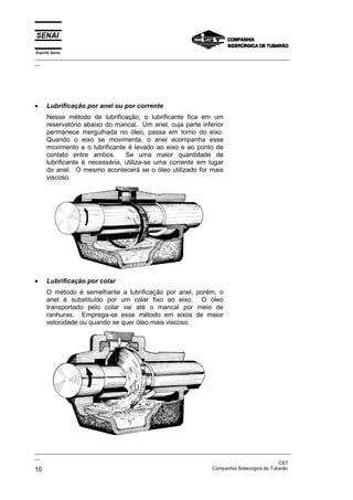 Espírito Santo
_________________________________________________________________________________________________
__




•     Lubrificação por anel ou por corrente
      Nesse método de lubrificação, o lubrificante fica em um
      reservatório abaixo do mancal. Um anel, cuja parte inferior
      permanece mergulhada no óleo, passa em torno do eixo.
      Quando o eixo se movimenta, o anel acompanha esse
      movimento e o lubrificante é levado ao eixo e ao ponto de
      contato entre ambos.       Se uma maior quantidade de
      lubrificante é necessária, utiliza-se uma corrente em lugar
      do anel. O mesmo acontecerá se o óleo utilizado for mais
      viscoso.




•     Lubrificação por colar
      O método é semelhante a lubrificação por anel, porém, o
      anel é substituído por um colar fixo ao eixo. O óleo
      transportado pelo colar vai até o mancal por meio de
      ranhuras. Emprega-se esse método em eixos de maior
      velocidade ou quando se quer óleo mais viscoso.




_________________________________________________________________________________________________
__
                                                                                               CST
10                                                                 Companhia Siderúrgica de Tubarão
 