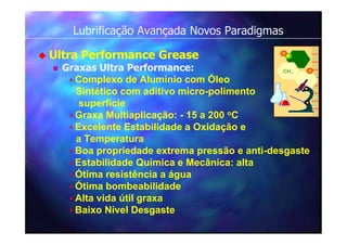 Lubrificação Avançada Novos Paradigmas
 Ultra Performance Grease
 Graxas Ultra Performance:
Complexo de Aluminio com Óleo
Sintético com aditivo micro-polimento
superfície
Graxa Multiaplicação: - 15 a 200 oC
Excelente Estabilidade a Oxidação e
a Temperatura
Boa propriedade extrema pressão e anti-desgaste
Estabilidade Química e Mecânica: alta
Ótima resistência a água
Ótima bombeabilidade
Alta vida útil graxa
Baixo Nível Desgaste
CH 2
 