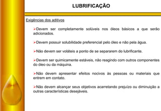 LUBRIFICAÇÃO
Exigências dos aditivos
Devem ser completamente solúveis nos óleos básicos a que serão
adicionados.
Devem possuir solubilidade preferencial pelo óleo e não pela água.
Não devem ser voláteis a ponto de se separarem do lubrificante.
Devem ser quimicamente estáveis, não reagindo com outros componentes
do óleo ou da máquina.
Não devem apresentar efeitos nocivos às pessoas ou materiais que
entrem em contato.
Não devem alcançar seus objetivos acarretando prejuízo ou diminuição a
outras características desejáveis.
 
