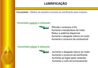 LUBRIFICAÇÃO
Viscosidade - Efeitos da escolha incorreta do lubrificante para motores.
Viscosidade superior à adequada
Dificulta o arranque a frio
Aumenta a temperatura do motor
Reduz a potência disponível
Aumenta o desgaste interno do motor
Aumenta o consumo de combustível
Viscosidade inferior à adequada
Aumenta o desgaste interno do motor
Aumenta o consumo de lubrificante
Aumenta as fugas pelos vedantes
Aumenta o ruído de funcionamento
 