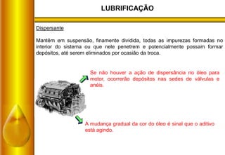 LUBRIFICAÇÃO
Dispersante
Mantêm em suspensão, finamente dividida, todas as impurezas formadas no
interior do sistema ou que nele penetrem e potencialmente possam formar
depósitos, até serem eliminados por ocasião da troca.
Se não houver a ação de dispersância no óleo para
motor, ocorrerão depósitos nas sedes de válvulas e
anéis.
A mudança gradual da cor do óleo é sinal que o aditivo
está agindo.
 