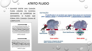• QUANDO EXISTIR UMA CAMADA
FLUIDA (LÍQUIDA OU GASOSA)
SEPARANDO AS SUPERFÍCIES EM
MOVIMENTO. O FLUIDO QUE
FORMA ESTA CAMADA CHAMA-SE
LUBRIFICANTE.
ATRITO FLUIDO
 