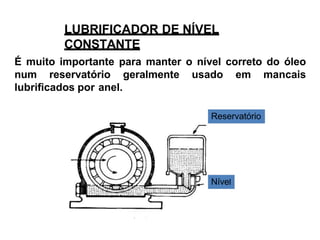 LUBRIFICADOR DE NÍVEL
CONSTANTE
É muito importante para manter o nível correto do óleo
num reservatório geralmente usado em mancais
lubrificados por anel.
Reservatório
Nível
 