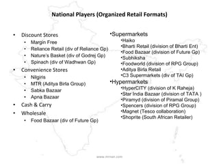 National Players (Organized Retail Formats) Discount Stores Margin Free Reliance Retail (div of Reliance Gp) Nature’s Basket (div of Godrej Gp) Spinach (div of Wadhwan Gp) Convenience Stores Nilgiris MTR (Aditya Birla Group) Sabka Bazaar Apna Bazaar Cash & Carry Wholesale Food Bazaar (div of Future Gp) www.mrnair.com Supermarkets Haiko Bharti Retail (division of Bharti Ent) Food Bazaar (division of Future Gp) Subhiksha  Foodworld (division of RPG Group) Aditya Birla Retail C3 Supermarkets (div of TAI Gp) Hypermarkets HyperCITY (division of K Raheja) Star India Bazaar (division of TATA ) Piramyd (division of Piramal Group) Spencers (division of RPG Group) Magnet (Tesco collaboration) Shoprite (South African Retailer) 
