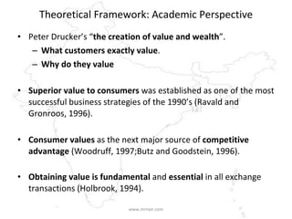 Theoretical Framework: Academic Perspective Peter Drucker’s “ the creation of value and wealth ”.  What customers exactly value . Why do they value Superior value to consumers  was established as one of the most successful business strategies of the 1990’s (Ravald and Gronroos, 1996).  Consumer values  as the next major source of  competitive advantage  (Woodruff, 1997;Butz and Goodstein, 1996). Obtaining value is fundamental  and  essential  in all exchange transactions (Holbrook, 1994).  www.mrnair.com 