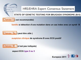 Classe I: ( est recommandée)
         famille si détection d’une mutation dans un cas index avec un syndr B



Classe IIa: ( peut être utile )
         suspicion clinique de syndrome B avec ECG positif


Classe III :   (n’est pas indiquée)

         aspect ECG type 2 ou 3

                                                 Europace 2011
 
