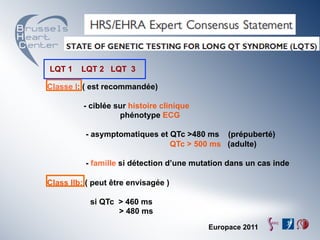 LQT 1    LQT 2 LQT 3

Classe I: ( est recommandée)

          - ciblée sur histoire clinique
                    phénotype ECG

          - asymptomatiques et QTc >480 ms (prépuberté)
                               QTc > 500 ms (adulte)

          - famille si détection d’une mutation dans un cas inde

Class IIb: ( peut être envisagée )

           si QTc > 460 ms
                  > 480 ms
                                           Europace 2011
 