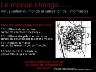 Le monde change...… Virtualisation du monde et saturation de l’information Dans les cinq prochaines minutes  : 30 millions   de recherches auront été effectués avec Google,   10 millions   d’appels et ou de textos  auront été échangés par téléphone mobile,   150 heures   de vidéos  auront été télédéchargés sur Youtube. Suarez Miranda, Viajes de Varones Prudenes, liv. IV, chap. XLV, Lérida, 1658. ( Borges, Histoire universelle de l'infamie, 1935) Facebook :  2.5 milliards de photos téléchargés par mois La carte géographique est en passe de recouvrir le territoire 
