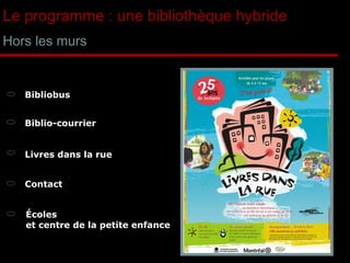 Le programme : une bibliothèque hybride Hors les murs Bibliobus Biblio-courrier Livres dans la rue Contact Écoles  et centre de la petite enfance 