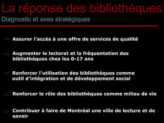 La réponse des bibliothèques … Diagnostic et axes stratégiques Assurer l’accès à une offre de services de qualité   Augmenter le lectorat et la fréquentation des bibliothèques chez les 0-17 ans Renforcer l’utilisation des bibliothèques comme  outil d’intégration et de développement social Renforcer le rôle des bibliothèques comme milieu de vie Contribuer à faire de Montréal une ville de lecture et de savoir 