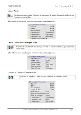 CN Cimatron E 6
Usinar Pocket

          Acabamento de cavidades. Usinagem de acabamento de regiões fechadas definidas por um
          contorno externo e ilhas.

(Dependendo da sua escolha alguns parâmetros não estarão disponíveis).




Usinar Contorno - Aberto por Plano

            Contorno da Superfície. Corta ao longo da borda de contornos abertos, seguindo a forma
            de um plano.

(Dependendo da sua escolha alguns parâmetros não estarão disponíveis).




Usinagem de Contorno – Contorno Aberto

                  Contorno da superfície. Cortar ao longo das bordas de contornos abertos.




                      Todos os direitos reservado a Sycad Systems Informática Ltda
                                                                                             115
 
