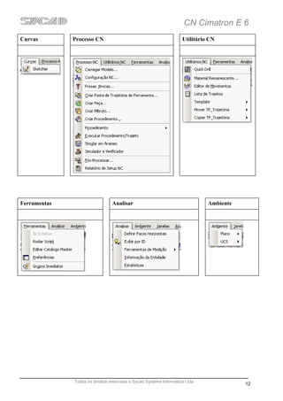 CN Cimatron E 6
Curvas        Processo CN                                           Utilitário CN




Ferramentas                      Analisar                                     Ambiente




              Todos os direitos reservado a Sycad Systems Informática Ltda
                                                                                         12
 