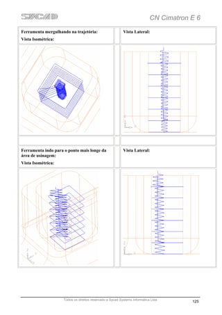 CN Cimatron E 6
Ferramenta mergulhando na trajetória:                     Vista Lateral:
Vista Isométrica:




Ferramenta indo para o ponto mais longe da                Vista Lateral:
área de usinagem:
Vista Isométrica:




                    Todos os direitos reservado a Sycad Systems Informática Ltda
                                                                                       125
 