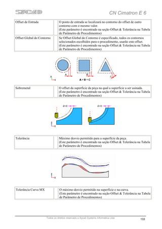 CN Cimatron E 6
Offset de Entrada                O ponto de entrada se localizará no contorno do offset de outro
                                 contorno com o mesmo valor.
                                 (Este parâmetro é encontrado na seção Offset & Tolerância na Tabela
                                 de Parâmetro de Procedimentos)
Offset Global do Contorno        Se Offset Global do Contorno é especificado, todos os contornos
                                 selecionados escolhidos para o procedimento, usarão este offset.
                                 (Este parâmetro é encontrado na seção Offset & Tolerância na Tabela
                                 de Parâmetro de Procedimentos)




Sobremetal                       O offset da superfície da peça na qual a superfície a ser usinada.
                                 (Este parâmetro é encontrado na seção Offset & Tolerância na Tabela
                                 de Parâmetro de Procedimentos)




Tolerância                       Máximo desvio permitido para a superfície da peça.
                                 (Este parâmetro é encontrado na seção Offset & Tolerância na Tabela
                                 de Parâmetro de Procedimentos)




Tolerância Curva MX              O máximo desvio permitido na superfície e na curva.
                                 (Este parâmetro é encontrado na seção Offset & Tolerância na Tabela
                                 de Parâmetro de Procedimentos)




                      Todos os direitos reservado a Sycad Systems Informática Ltda
                                                                                            133
 
