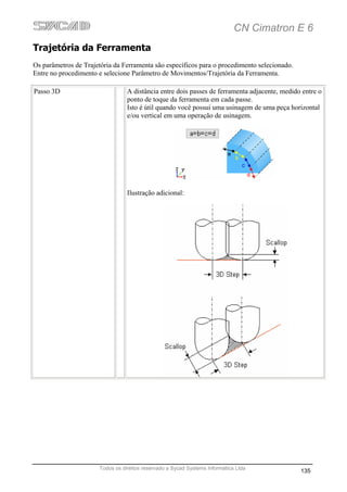 CN Cimatron E 6
Trajetória da Ferramenta
Os parâmetros de Trajetória da Ferramenta são específicos para o procedimento selecionado.
Entre no procedimento e selecione Parâmetro de Movimentos/Trajetória da Ferramenta.

Passo 3D                          A distância entre dois passes de ferramenta adjacente, medido entre o
                                  ponto de toque da ferramenta em cada passe.
                                  Isto é útil quando você possui uma usinagem de uma peça horizontal
                                  e/ou vertical em uma operação de usinagem.




                                  Ilustração adicional:




                       Todos os direitos reservado a Sycad Systems Informática Ltda
                                                                                               135
 