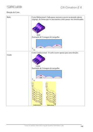 CN Cimatron E 6
Direção de Corte

Bidir                         Corte Bidirecional. Cada passo sucessivo ocorre na posição oposta
                              (zigzag), de forma que os movimentos entre passes são minimizados.




                              Ilustração de Usinagem de mergulho




                              Corte Unidirecional. O corte ocorre apenas para uma direção.
Unidir




                              Ilustração de Usinagem de mergulho




                   Todos os direitos reservado a Sycad Systems Informática Ltda
                                                                                             144
 