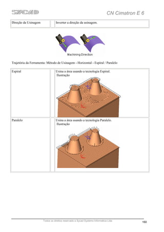 CN Cimatron E 6
Direção da Usinagem               Inverter a direção da usinagem.




Trajetória da Ferramenta: Método de Usinagem - Horizontal - Espiral / Paralelo

Espiral                          Usina a área usando a tecnologia Espiral.
                                 Ilustração




Paralelo                         Usina a área usando a tecnologia Paralelo.
                                 Ilustração




                       Todos os direitos reservado a Sycad Systems Informática Ltda
                                                                                            160
 