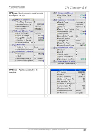CN Cimatron E 6
18º Passo - Seguiremos com os parâmetros
de máquina a seguir:




19º Passo – Ajuste os parâmetros de
máquina.




                      Todos os direitos reservado a Sycad Systems Informática Ltda
                                                                                         177
 