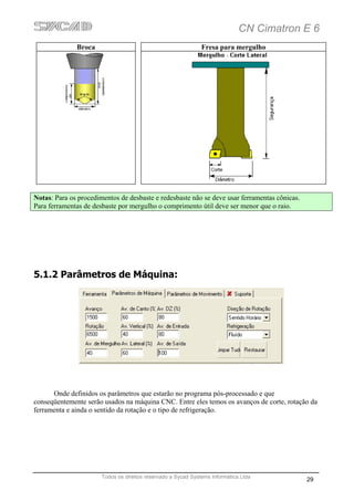 CN Cimatron E 6
              Broca                                            Fresa para mergulho




Notas: Para os procedimentos de desbaste e redesbaste não se deve usar ferramentas cônicas.
Para ferramentas de desbaste por mergulho o comprimento útil deve ser menor que o raio.




5.1.2 Parâmetros de Máquina:




      Onde definidos os parâmetros que estarão no programa pós-processado e que
conseqüentemente serão usados na máquina CNC. Entre eles temos os avanços de corte, rotação da
ferramenta e ainda o sentido da rotação e o tipo de refrigeração.




                       Todos os direitos reservado a Sycad Systems Informática Ltda
                                                                                              29
 
