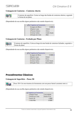 CN Cimatron E 6
Usinagem de Contorno – Contorno Aberto

                  Contorno da superfície. Cortar ao longo das bordas de contornos abertos, seguindo
                  a forma de um plano.

(Dependendo da sua escolha alguns parâmetros não estarão disponíveis).




Usinagem de Contorno - Fechado por Plano

            Contorno de superfície. Corta ao longo de uma borda de contornos fechados, seguindo a
            forma do plano.

(Dependendo da sua escolha alguns parâmetros não estarão disponíveis).




Procedimentos Clássicos
Usinagem de Superfície – Passo 3D

           Passo 3D: Cria movimentos de ferramenta com um passo lateral constante entre si.


(Dependendo da sua escolha alguns parâmetros não estarão disponíveis).




                      Todos os direitos reservado a Sycad Systems Informática Ltda
                                                                                               98
 