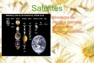 Satélites
●

Alrededor de
muchos planetas
giran astros
llamados satélites.

 