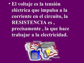 El voltaje es la tensión eléctrica que impulsa a la corriente en el circuito, la RESISTENCIA es , precisamente , la que hace trabajar a la electricidad.