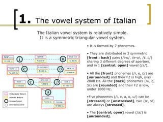 1.   The vowel system of Italian <ul><li>It is formed by 7 phonemes. </li></ul><ul><li>They are distributed in 3 symmetric...