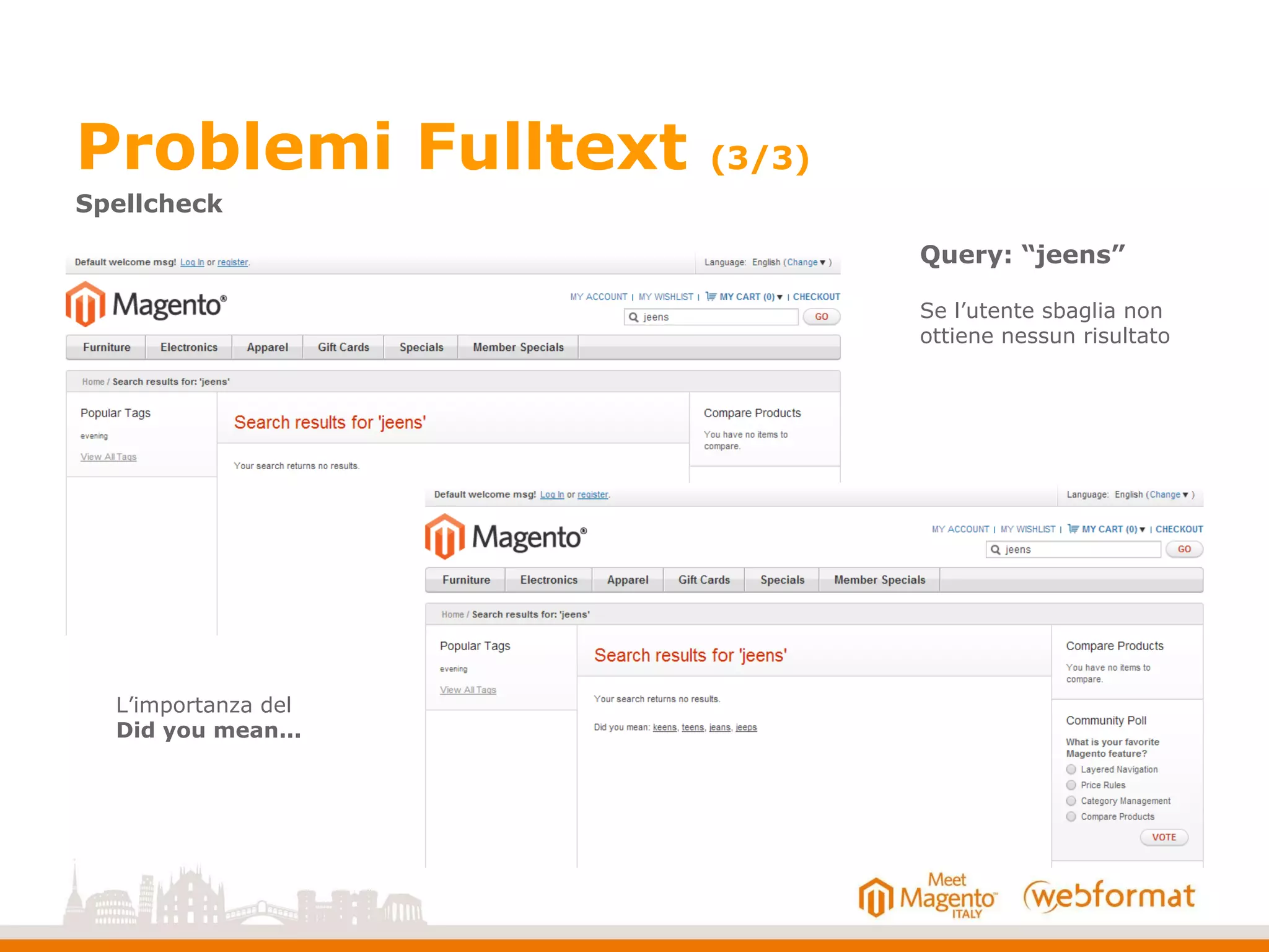 Problemi Fulltext (3/3)
Query: “jeens”
Se l’utente sbaglia non
ottiene nessun risultato
L’importanza del
Did you mean...
Spellcheck
 