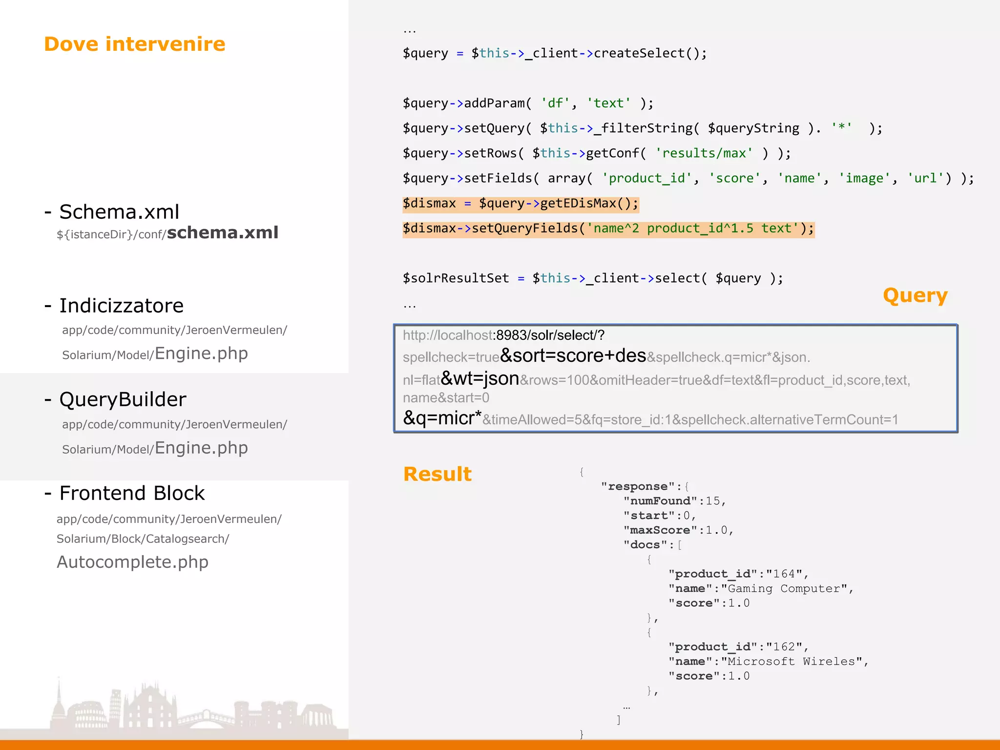 - Schema.xml
- Indicizzatore
- QueryBuilder
- Frontend Block
Dove intervenire
app/code/community/JeroenVermeulen/
Solarium/Model/Engine.php
app/code/community/JeroenVermeulen/
Solarium/Model/Engine.php
app/code/community/JeroenVermeulen/
Solarium/Block/Catalogsearch/
Autocomplete.php
${istanceDir}/conf/schema.xml
…
$query = $this->_client->createSelect();
$query->addParam( 'df', 'text' );
$query->setQuery( $this->_filterString( $queryString ). '*' );
$query->setRows( $this->getConf( 'results/max' ) );
$query->setFields( array( 'product_id', 'score', 'name', 'image', 'url') );
$dismax = $query->getEDisMax();
$dismax->setQueryFields('name^2 product_id^1.5 text');
$solrResultSet = $this->_client->select( $query );
…
{
"response":{
"numFound":15,
"start":0,
"maxScore":1.0,
"docs":[
{
"product_id":"164",
"name":"Gaming Computer",
"score":1.0
},
{
"product_id":"162",
"name":"Microsoft Wireles",
"score":1.0
},
…
]
}
Result
http://localhost:8983/solr/select/?
spellcheck=true&sort=score+des&spellcheck.q=micr*&json.
nl=flat&wt=json&rows=100&omitHeader=true&df=text&fl=product_id,score,text,
name&start=0
&q=micr*&timeAllowed=5&fq=store_id:1&spellcheck.alternativeTermCount=1
Query
 
