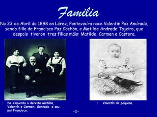 Familia
No 23 de Abril do 1898 en Lérez, Pontevedra nace Valentin Paz Andrade,
  sendo fillo de Francisco Paz Cochón, e Matilde Andrade Tojeiro, que
     despois tiveron tres fillas máis: Matilde, Carmen e Castora.




•   De esquerda a dereita Matilde,            •   Valentín de pequeno.
    Valentín e Carmen. Sentado, o seu
    pai Francisco.                      -1-
 