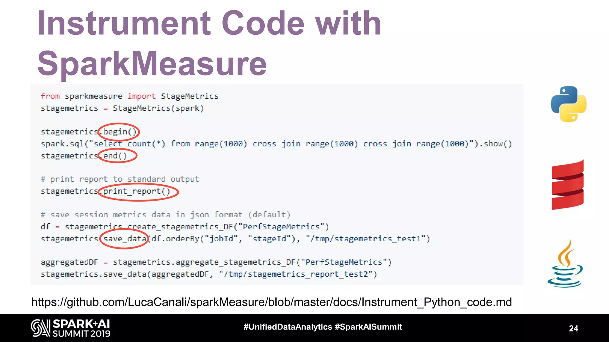 Instrument Code with SparkMeasure 24#UnifiedDataAnalytics #SparkAISummit https://github.com/LucaCanali/sparkMeasure/blob/master/docs/Instrument_Python_code.md 