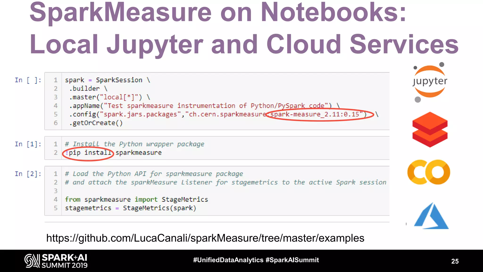 SparkMeasure on Notebooks: Local Jupyter and Cloud Services 25#UnifiedDataAnalytics #SparkAISummit https://github.com/LucaCanali/sparkMeasure/tree/master/examples 