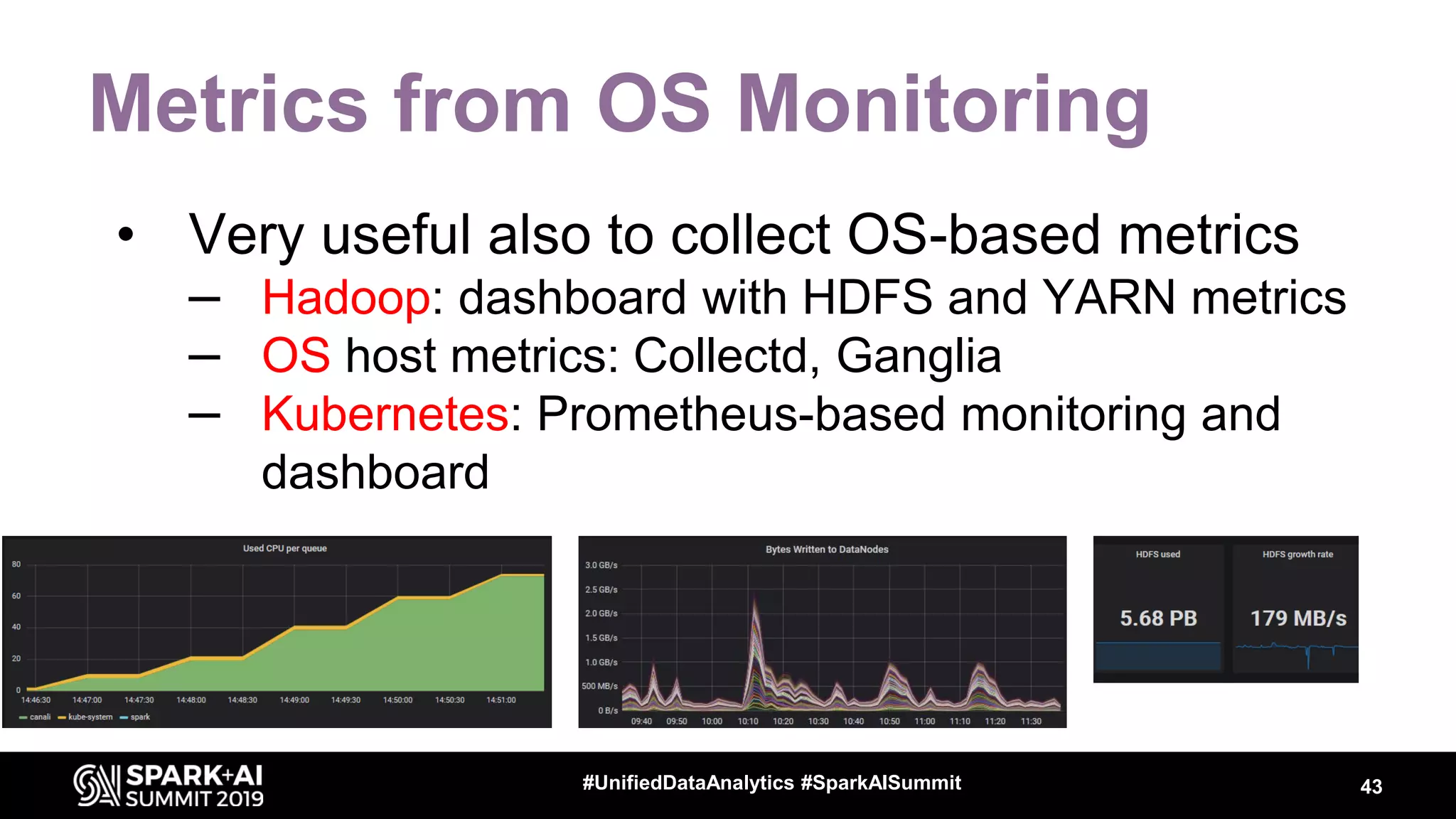 Metrics from OS Monitoring • Very useful also to collect OS-based metrics – Hadoop: dashboard with HDFS and YARN metrics – OS host metrics: Collectd, Ganglia – Kubernetes: Prometheus-based monitoring and dashboard 43#UnifiedDataAnalytics #SparkAISummit 