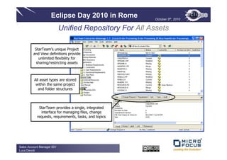 Eclipse Day 2010 in Rome           October 5th, 2010


                            Unified Repository For All Assets

          StarTeam’s unique Project
         and View definitions provide
            unlimited flexibility for
          sharing/restricting assets



          All asset types are stored
           within the same project
             and folder structures



             StarTeam provides a single, integrated
              interface for managing files, change
            requests, requirements, tasks, and topics




Sales Account Manager ISV
Luca Devoti
 