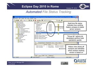 Eclipse Day 2010 in Rome         October 5th, 2010


                            Automated File Status Tracking


                                                          Real-time file status
                                                        indicates how working
                                                      folders compare to latest
                                                            server versions



                                                       “Group By” options let
                                                      developers perform bulk
                                                         operations quickly



                                                        History view shows all
                                                        revisions and identifies
                                                        which revision working
                                                          version is based on




Sales Account Manager ISV
Luca Devoti
 