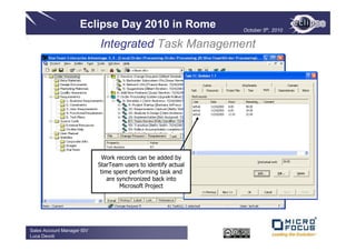 Eclipse Day 2010 in Rome                         October 5th, 2010


                            Integrated Task Management


                                                                  Tasks are native objects
                                                                 that the StarTeam Server
                                                                        understands




                                                                 Tasks can be entered in
                                                                StarTeam or synchronized
                                                                  from Microsoft Project
                              Work records can be added by
                            StarTeam users to identify actual
                             time spent performing task and
                                are synchronized back into
                                     Microsoft Project




Sales Account Manager ISV
Luca Devoti
 
