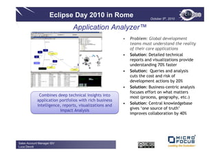 Eclipse Day 2010 in Rome                          October 5th, 2010


                                Application Analyzer™
                                                         •   Problem: Global development
                                                             teams must understand the reality
                                                             of their core applications
                                                         •   Solution: Detailed technical
                                                             reports and visualizations provide
                                                             understanding 70% faster
                                                         •   Solution: Queries and analysis
                                                             cuts the cost and risk of
                                                             development actions by 20%
                                                         •   Solution: Business-centric analysis
                                                             focuses effort on what matters
              Combines deep technical insights into          most (process, geography, etc.)
             application portfolios with rich business
             intelligence, reports, visualizations and   •   Solution: Central knowledgebase
                                                             gives ‘one source of truth’
                         Impact Analysis
                                                             improves collaboration by 40%




Sales Account Manager ISV
Luca Devoti
 