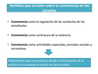 Sentidos que circulan sobre la convivencia en las
escuelas
• Convivencia como la regulación de las conductas de los
estudiantes.
• Convivencia como contracara de la violencia.
• Convivencia como actividades especiales, jornadas sociales y
recreativas.
Mediaciones que se producen desde la formulación de la
política en su puesta en acción en las escuelas
 