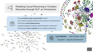 Modeling Causal Reasoning in Complex
Networks through NLP: an Introduction
How successful causal communication works?
How context and agents inﬂuence the relevance of causal features?
What about causal disagreements:
Linguistic ambiguity? Cognitive failure? Networks’ constraints?
And foremost, how to quantify all the variables interplaying?
Luca Nannini 11th October 2019
Cog Sem - Ling AU Symposium
1
 