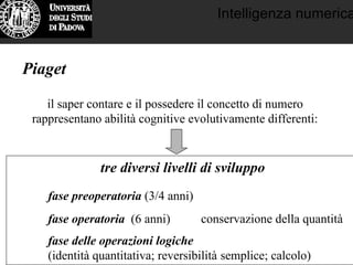 Intelligenza numerica
il saper contare e il possedere il concetto di numero
rappresentano abilità cognitive evolutivamente differenti:
Piaget
tre diversi livelli di sviluppo
fase preoperatoria (3/4 anni)
fase operatoria (6 anni) ⇒ conservazione della quantità
fase delle operazioni logiche
(identità quantitativa; reversibilità semplice; calcolo)
 