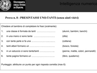 Intelligenza numerica
Prova n. 8 - PRESINTASSI UNO-TANTI (senza aiuti visivi)
Chiedere al bambino di completare le frasi (oralmente):
1. una classe è formata da tanti …………………… (alunni, bambini, banchi)
2. in una mano ci sono tante …………………….… (dita)
3. con tante perle si fa una …………………...…..… (collana)
4. tanti alberi formano un …………………………… (bosco, foresta)
5. in un astuccio ci sono tante/tanti ……………….. (penne, matite, colori, pennarelli)
6. tante pagine formano un ………………………… (libro, quaderno)
Punteggio: attribuire un punto per ogni risposta corretta (max 6)
 