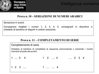 Intelligenza numerica
Seriazione in avanti.
Consegnare ritagliati i numeri 1, 2, 3, 4, 5, consegnarli in disordine e
chiedere al bambino di disporli in ordine crescente.
Prova n. 10 - SERIAZIONE DI NUMERI ARABICI
Prova n. 11 – COMPLETAMENTO DI SERIE
Completamento di serie.
Chiedere al bambino di completare le sequenze pronunciando o scrivendo i numeri
mancanti al posto dei puntini.
1 …. 3 4 1 2 …. 4 …. 2 3 4
1 2 3 …. 1 …. …. 4
 