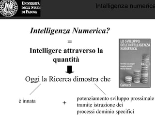 Intelligenza numerica
Intelligenza Numerica?
=
Intelligere attraverso la
quantità
Oggi la Ricerca dimostra che
è innata potenziamento sviluppo prossimale
tramite istruzione dei
processi dominio specifici
+
 